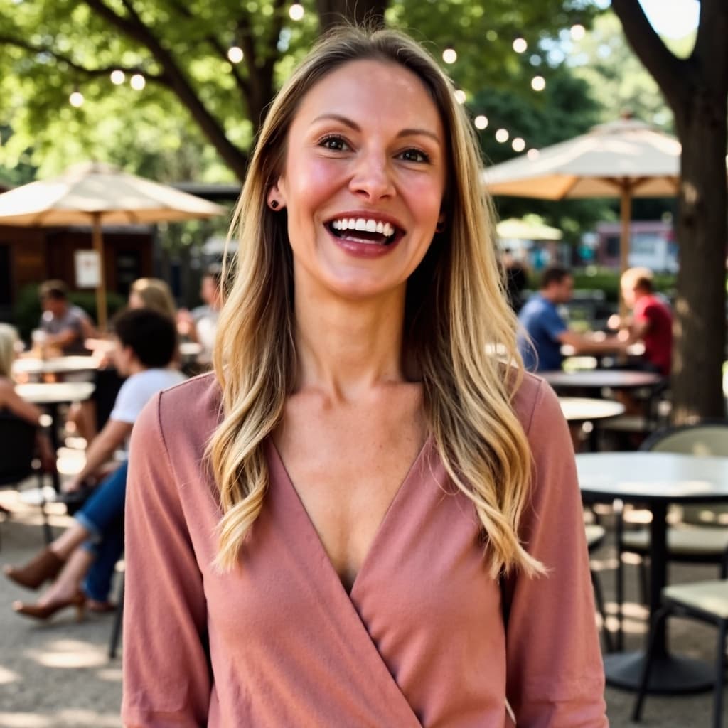 Maegan Copeland laughing at an outdoor café