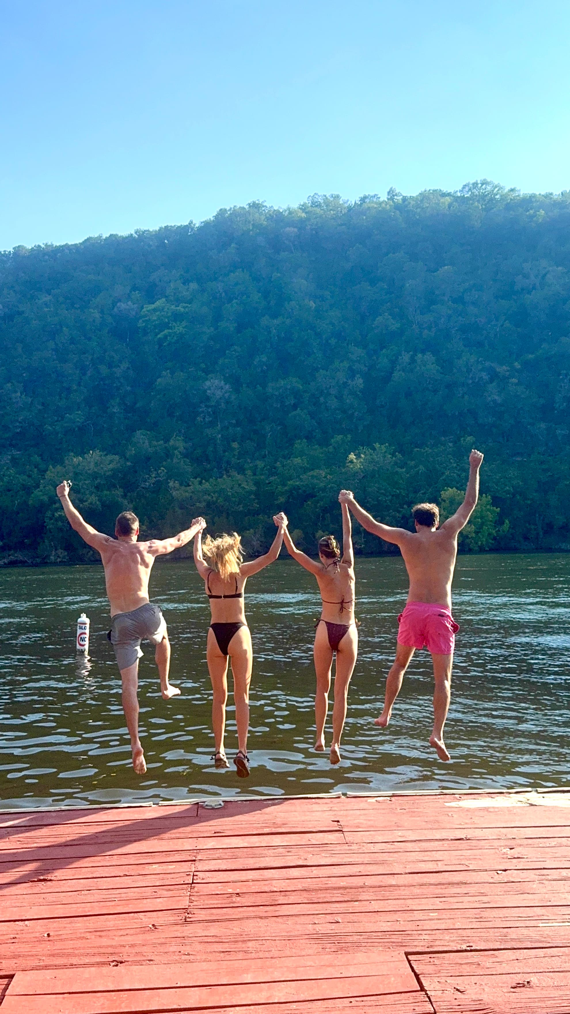 Four friends jumping off a dock hand in hand, mid-air over a lake
